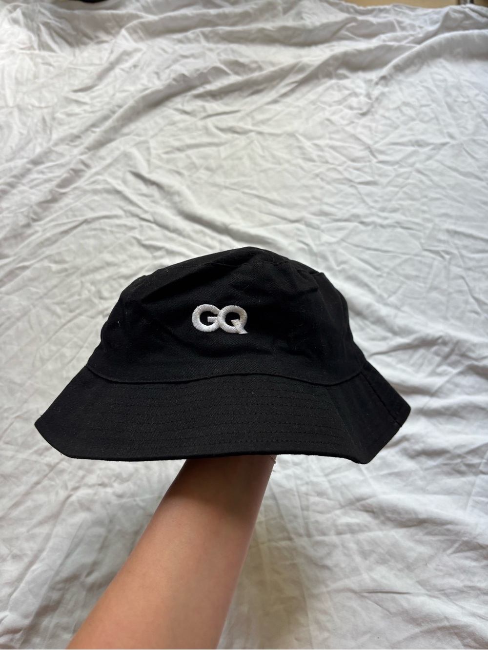 Black Bucket Hat with White 'GQ' Embroidery